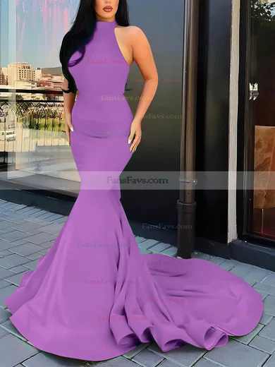 Trumpet/Mermaid Halter Silk-like Satin Court Train Cascading Ruffles Prom Dresses #Favs020107051