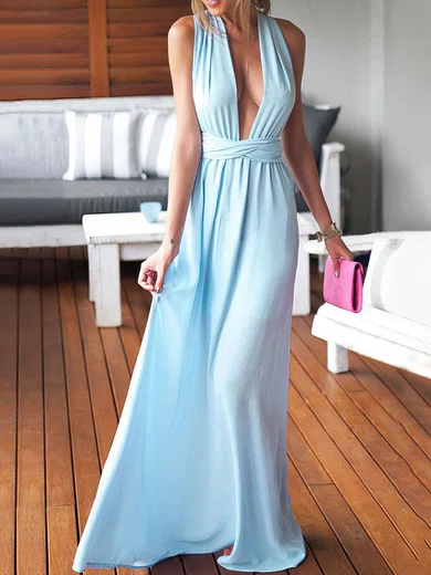 Sheath/Column V-neck Chiffon Floor-length Ruffles Prom Dresses #Favs020103552