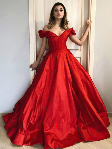 Ball Gown Off-the-shoulder Satin Court Train Sashes / Ribbons Prom Dresses #Favs020107058