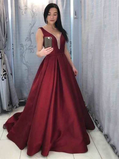 Ball Gown V-neck Satin Court Train Beading Prom Dresses #Favs020107059