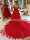 A-line V-neck Tulle Court Train Beading Prom Dresses #Favs020107061