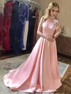 A-line High Neck Satin Sweep Train Beading Prom Dresses #Favs020107067