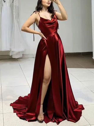 A-line Cowl Neck Silk-like Satin Sweep Train Split Front Prom Dresses #Favs020107071 A-line Cowl Neck Silk-like Satin Sweep Train Split Front Prom Dresses #Favs020107071