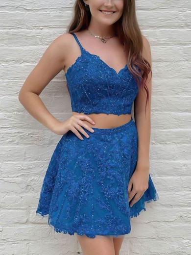A-line V-neck Tulle Short/Mini Appliques Lace Prom Dresses #Favs020107074