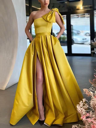A-line One Shoulder Satin Sweep Train Bow Prom Dresses #Favs020107075 A-line One Shoulder Satin Sweep Train Bow Prom Dresses #Favs020107075