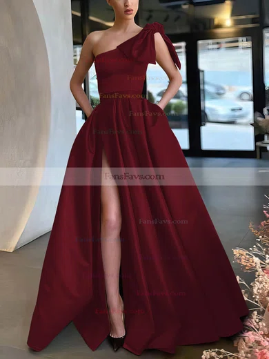 A-line One Shoulder Satin Sweep Train Bow Prom Dresses #Favs020107075
