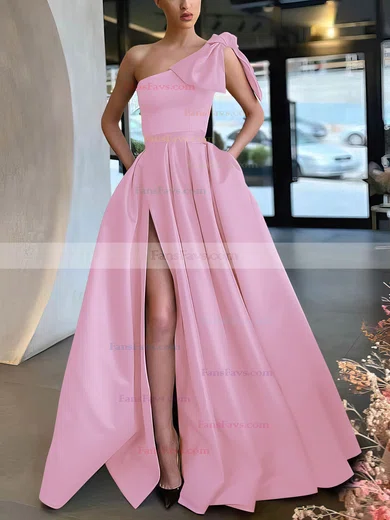 A-line One Shoulder Satin Sweep Train Bow Prom Dresses #Favs020107075