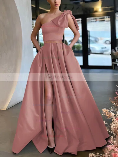 A-line One Shoulder Satin Sweep Train Bow Prom Dresses #Favs020107075
