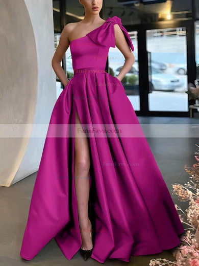 A-line One Shoulder Satin Sweep Train Bow Prom Dresses #Favs020107075