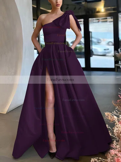 A-line One Shoulder Satin Sweep Train Bow Prom Dresses #Favs020107075