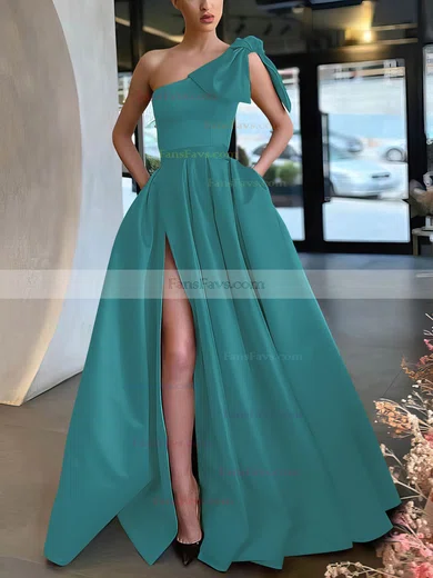 A-line One Shoulder Satin Sweep Train Bow Prom Dresses #Favs020107075