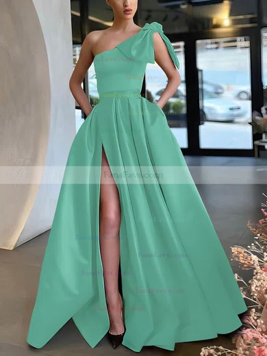 A-line One Shoulder Satin Sweep Train Bow Prom Dresses #Favs020107075