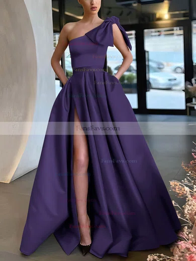 A-line One Shoulder Satin Sweep Train Bow Prom Dresses #Favs020107075