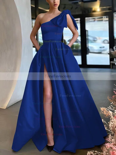A-line One Shoulder Satin Sweep Train Bow Prom Dresses #Favs020107075