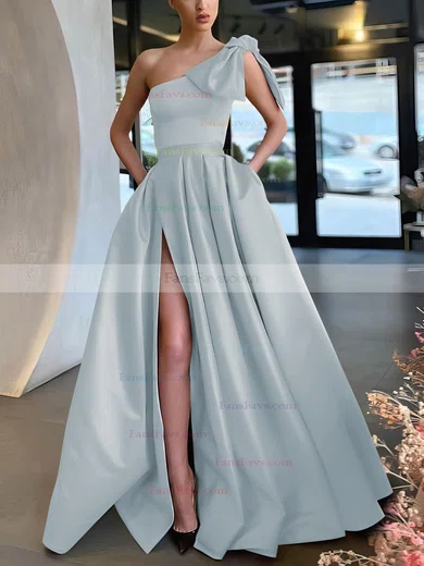 A-line One Shoulder Satin Sweep Train Bow Prom Dresses #Favs020107075