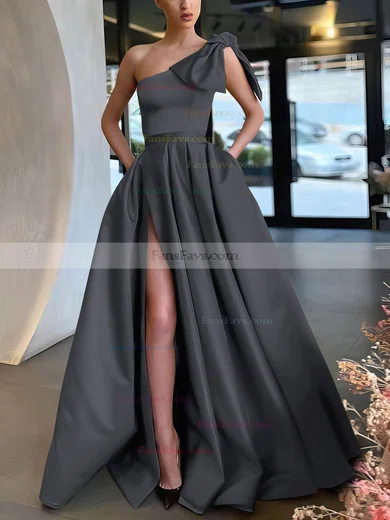A-line One Shoulder Satin Sweep Train Bow Prom Dresses #Favs020107075