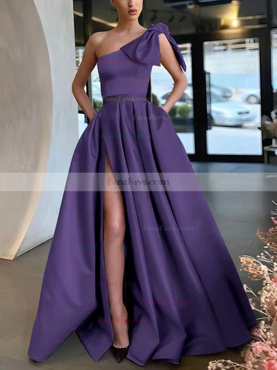A-line One Shoulder Satin Sweep Train Bow Prom Dresses #Favs020107075