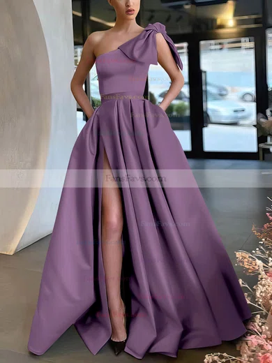 A-line One Shoulder Satin Sweep Train Bow Prom Dresses #Favs020107075