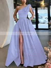 A-line One Shoulder Satin Sweep Train Bow Prom Dresses #Favs020107075