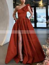 A-line One Shoulder Satin Sweep Train Bow Prom Dresses #Favs020107075