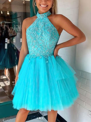 A-line High Neck Tulle Short/Mini Beading Short Prom Dresses #Favs020107076 A-line High Neck Tulle Short/Mini Beading Short Prom Dresses #Favs020107076
