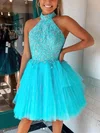 A-line High Neck Tulle Short/Mini Beading Short Prom Dresses #Favs020107076