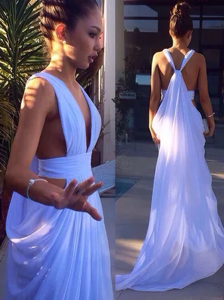 A-line V-neck Chiffon Sweep Train Ruffles Prom Dresses #Favs020103575