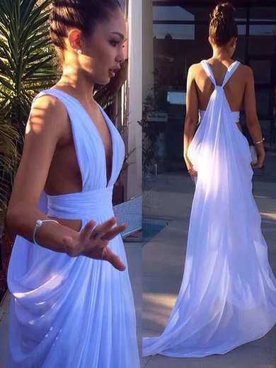 A-line V-neck Chiffon Sweep Train Ruffles Prom Dresses #Favs020103575