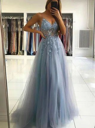 A-line V-neck Tulle Sweep Train Beading Prom Dresses #Favs020107079 A-line V-neck Tulle Sweep Train Beading Prom Dresses #Favs020107079