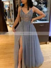 A-line V-neck Tulle Sweep Train Beading Prom Dresses #Favs020107079