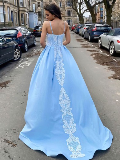 A-line V-neck Satin Sweep Train Appliques Lace Prom Dresses #Favs020107081