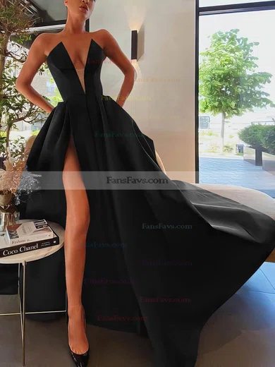 A-line Strapless Satin Sweep Train Pockets Prom Dresses #Favs020107084