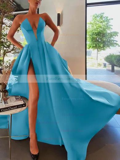 A-line Strapless Satin Sweep Train Pockets Prom Dresses #Favs020107084