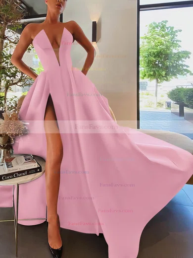 A-line Strapless Satin Sweep Train Pockets Prom Dresses #Favs020107084