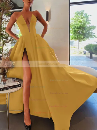 A-line Strapless Satin Sweep Train Pockets Prom Dresses #Favs020107084