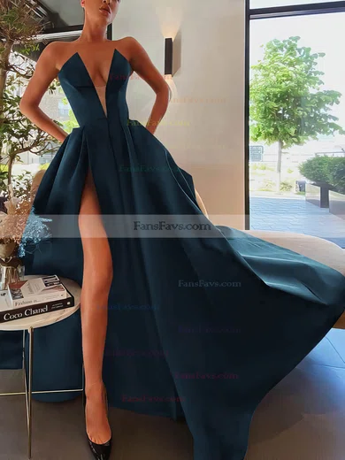 A-line Strapless Satin Sweep Train Pockets Prom Dresses #Favs020107084