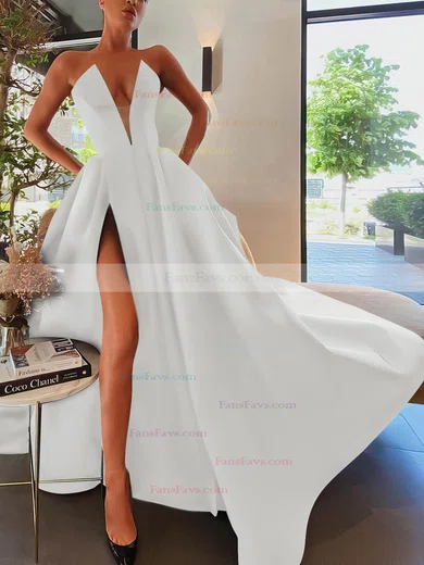 A-line Strapless Satin Sweep Train Pockets Prom Dresses #Favs020107084