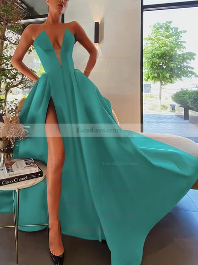 A-line Strapless Satin Sweep Train Pockets Prom Dresses #Favs020107084