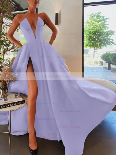 A-line Strapless Satin Sweep Train Pockets Prom Dresses #Favs020107084