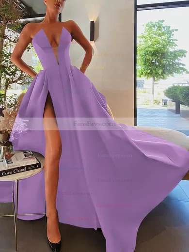 A-line Strapless Satin Sweep Train Pockets Prom Dresses #Favs020107084
