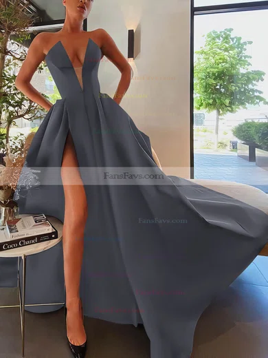 A-line Strapless Satin Sweep Train Pockets Prom Dresses #Favs020107084