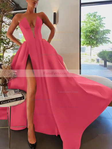 A-line Strapless Satin Sweep Train Pockets Prom Dresses #Favs020107084