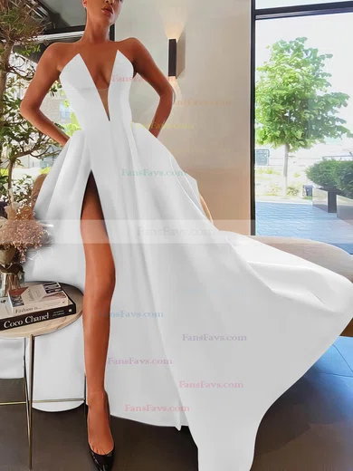A-line Strapless Satin Sweep Train Pockets Prom Dresses #Favs020107084