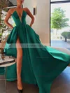 A-line Strapless Satin Sweep Train Pockets Prom Dresses #Favs020107084
