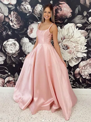 A-line Square Neckline Satin Sweep Train Prom Dresses #Favs020107085 A-line Square Neckline Satin Sweep Train Prom Dresses #Favs020107085