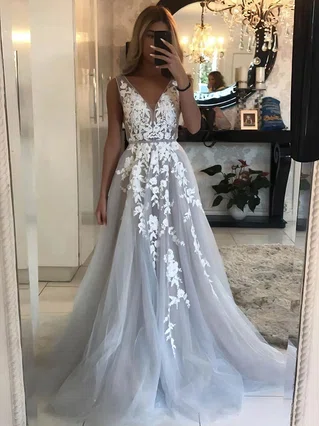 A-line V-neck Tulle Sweep Train Appliques Lace Prom Dresses #Favs020107086 A-line V-neck Tulle Sweep Train Appliques Lace Prom Dresses #Favs020107086
