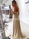 A-line V-neck Chiffon Sweep Train Appliques Lace Prom Dresses #Favs020107087