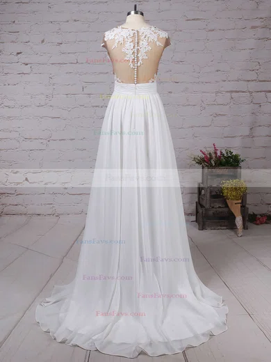 A-line Scoop Neck Chiffon Sweep Train Appliques Lace Prom Dresses #Favs020103578