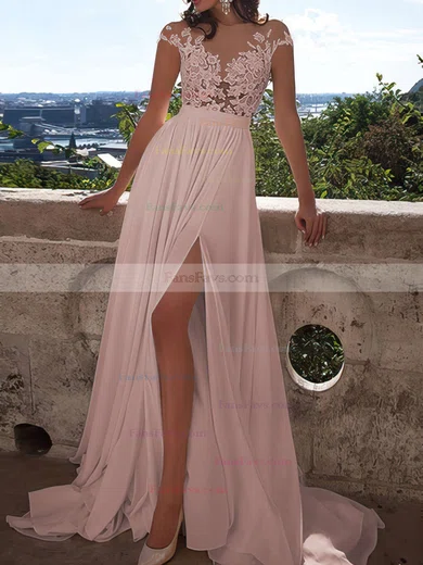 A-line Scoop Neck Chiffon Sweep Train Appliques Lace Prom Dresses #Favs020103578