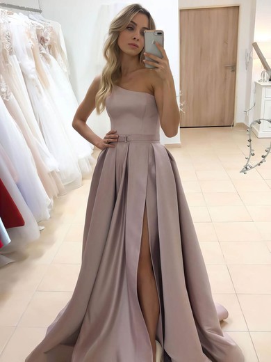 A-line One Shoulder Satin Sweep Train Sashes / Ribbons Prom Dresses #Favs020107089